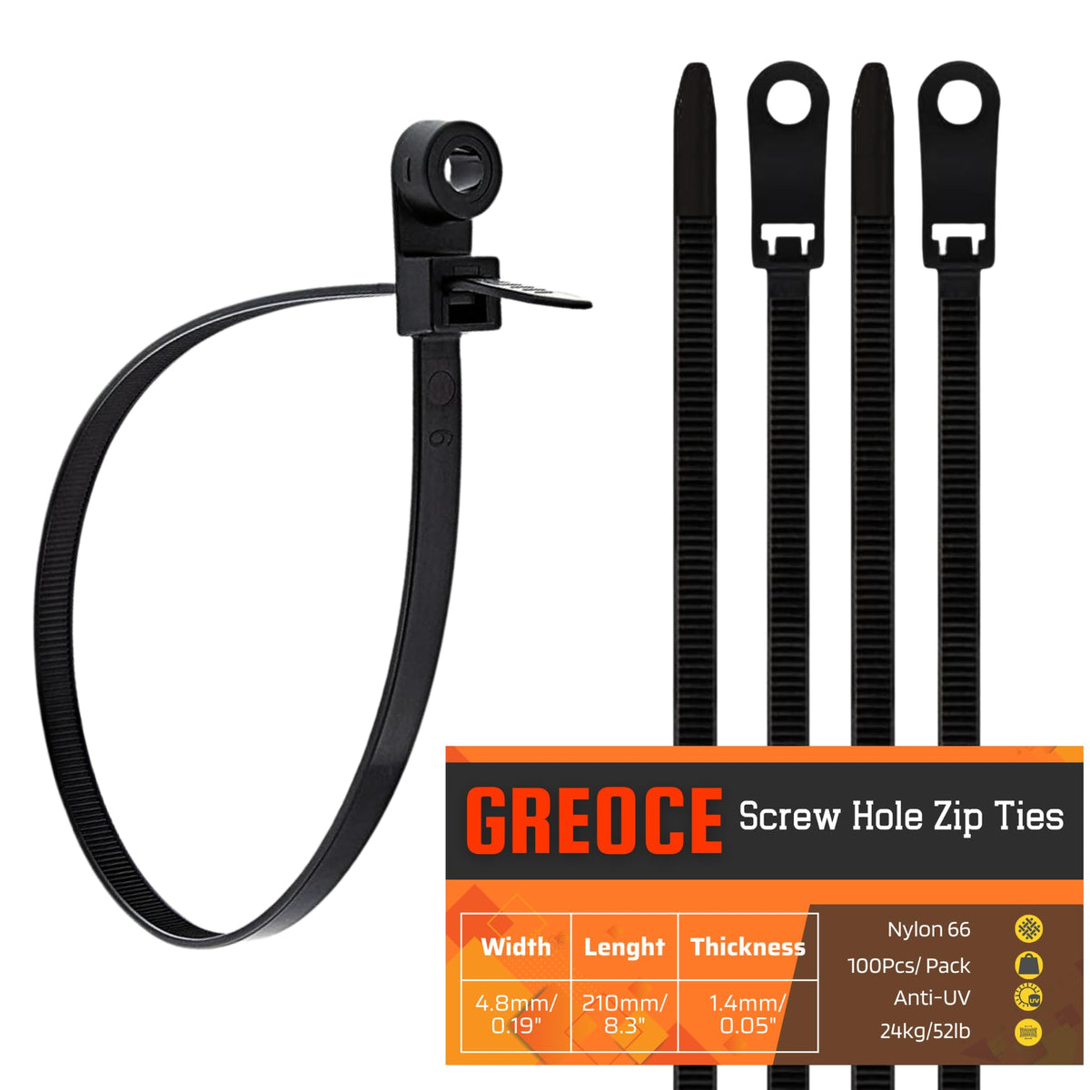 100Pcs 8.3" Zip Ties with Screw Hole Plastic Cable Ties with Screw Holes Mountable Head Ties Electrical Heavy Duty Zip Ties Cable Management Home Office Automotive Indoor Outdoor (BLACK 8.3IN)