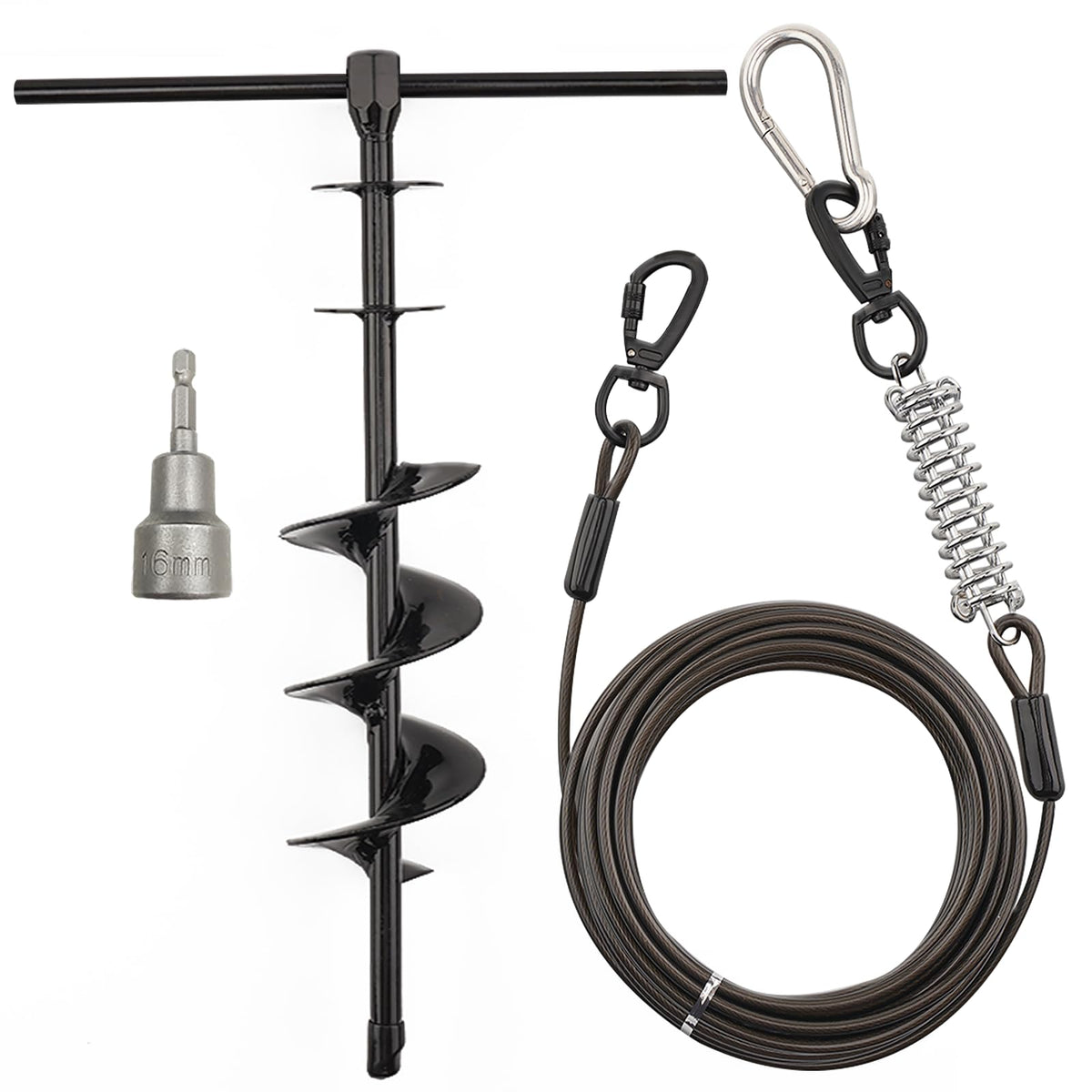 Heavy Duty Dog Tie Out Stake with 30FT Dog Cable for Large Dog Up to 200 Lbs Spiral Dog Stake for Outside Easy to Install 360° Swivel Dog Stake for Yard Camping Beach
