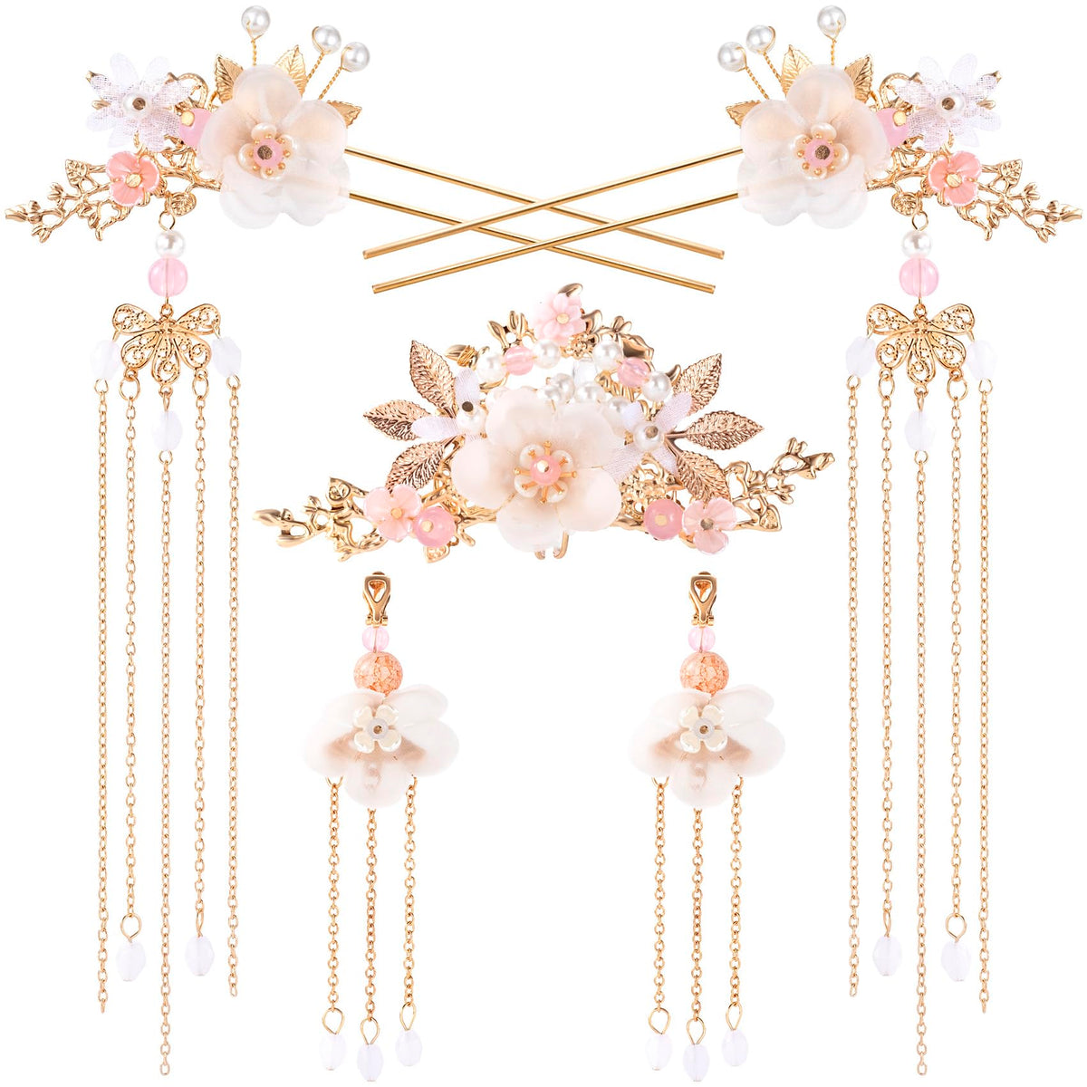 HINZIC 5PCS Silk Flower Tassels Hairpin Crystal Rhinestone Pearl Hair Clips Headpiece Retro Flower Chinese Hanfu Wedding Brides Hair Accessories Jewelry for Women Girls Updo Long Hair