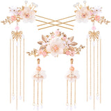 HINZIC 5PCS Silk Flower Tassels Hairpin Crystal Rhinestone Pearl Hair Clips Headpiece Retro Flower Chinese Hanfu Wedding Brides Hair Accessories Jewelry for Women Girls Updo Long Hair
