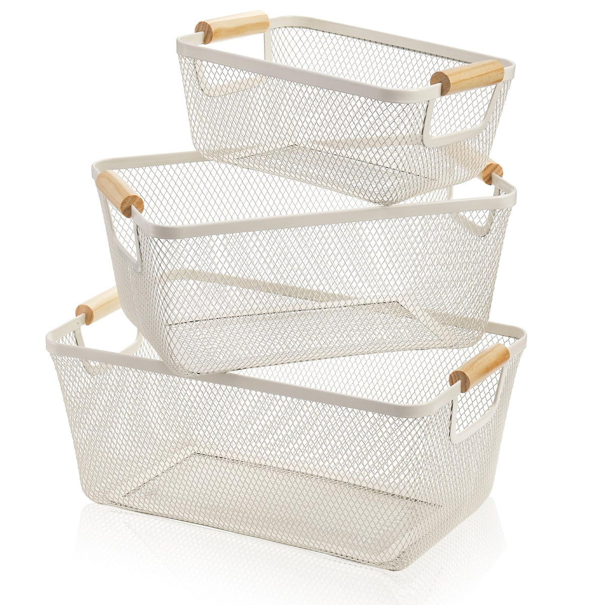 Noamus 3 Pack Metal Mesh Baskets with Wood Handle Iron Storage Organizer Baskets White Wire Countertop Baskets for Organizing Cabinet Pantry Closet Bedroom Kitchen(3 Size)