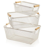 Noamus 3 Pack Metal Mesh Baskets with Wood Handle Iron Storage Organizer Baskets White Wire Countertop Baskets for Organizing Cabinet Pantry Closet Bedroom Kitchen(3 Size)