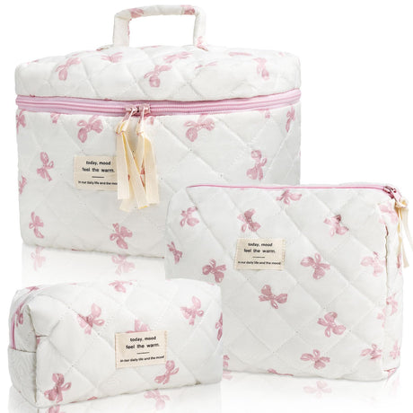 Peaujiey Quilted Makeup Bag Set 3 PCS Pink Bow Makeup Bag for Women and Girls Large Cotton Cosmetic Bag Pink Flower Travel Toiletry Bag