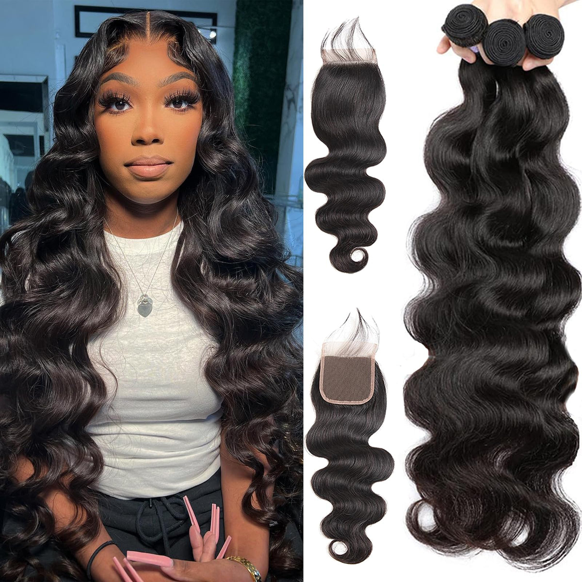 Beauty Queen 10A Brazilian Body Wave Bundles with Closure Human Hair (16 18 20+14 inch) 100% Unprocessed Weave 3 Bundles Human Hair with 4x4 Lace Closure Remy Virgin Wavy Hair Natural Black Color