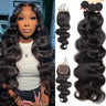 Beauty Queen 10A Brazilian Body Wave Bundles with Closure Human Hair (16 18 20+14 inch) 100% Unprocessed Weave 3 Bundles Human Hair with 4x4 Lace Closure Remy Virgin Wavy Hair Natural Black Color