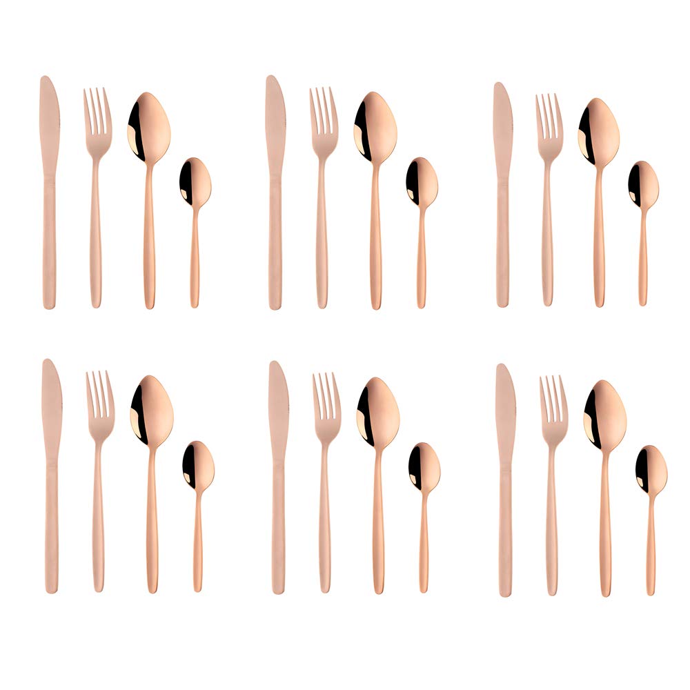 Rose Gold Silverware Set BuyGo 24-Piece Stainless Steel Camping Flatware Dinnerware Set for 6 Hand Polish Dishwasher Safe