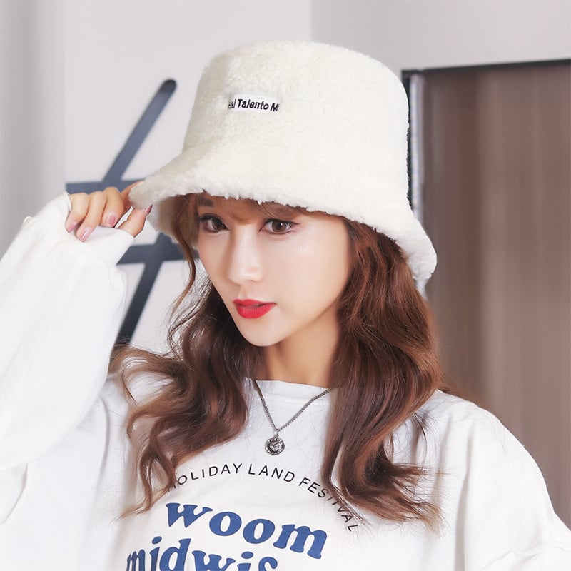 Embroidered Fisherman Hat with Lamb Hair Detail