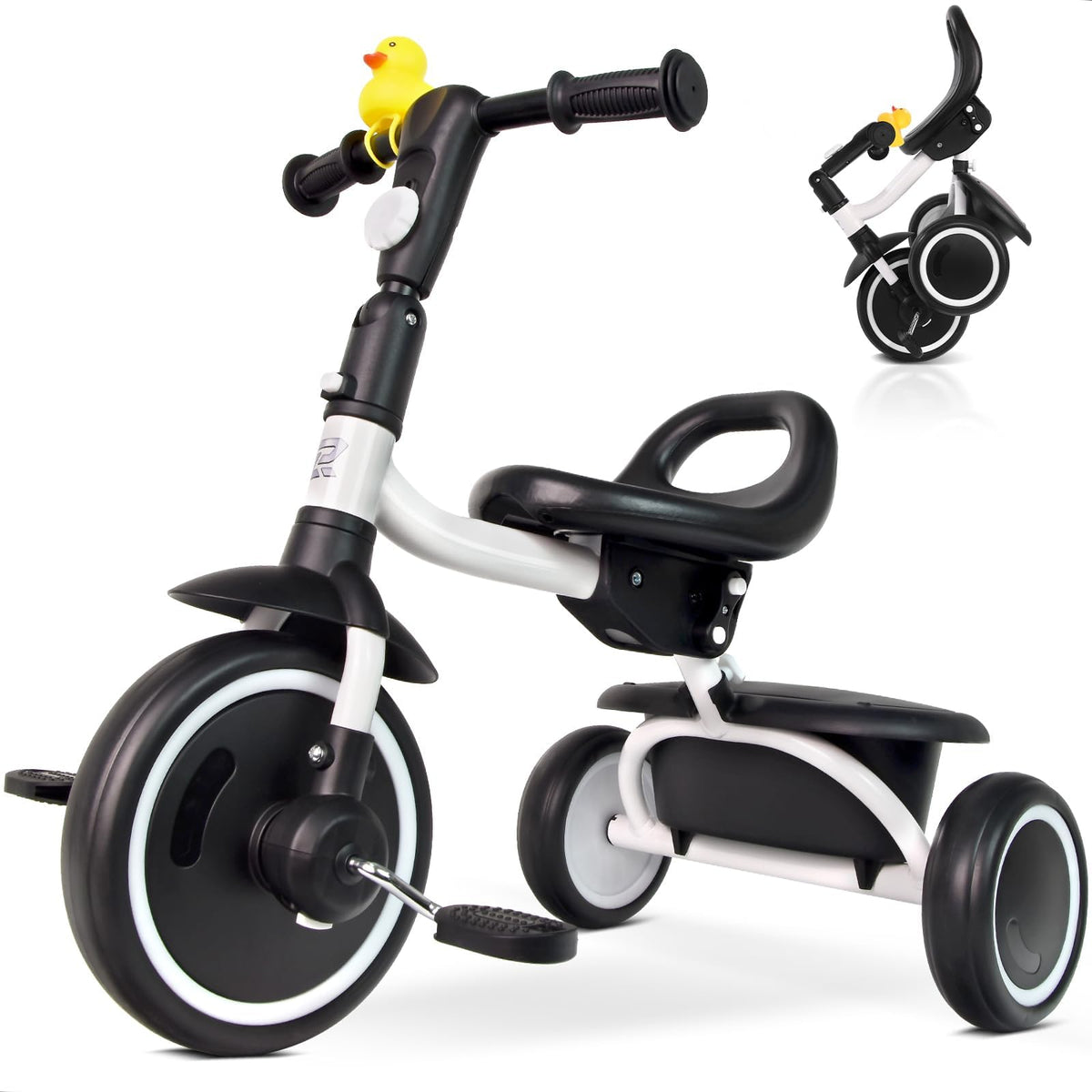 Toddler Tricycle for 18 Months to 5 Years Foldable Tricycles for 3-5 Year Olds Kids Tricycle with Adjustable Carry-Friendly Ergonomic Seat and Covered Large Basket White