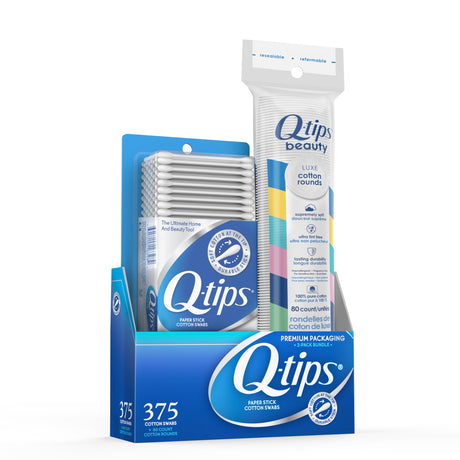 Q-tips Cotton Swabs 375 Count + Cotton Rounds 80 Count - Original Cotton Swabs with Soft Cotton Tips Round Cotton Pads for Face Makeup Tools Beauty Tools & Personal Care (2 Piece Set)
