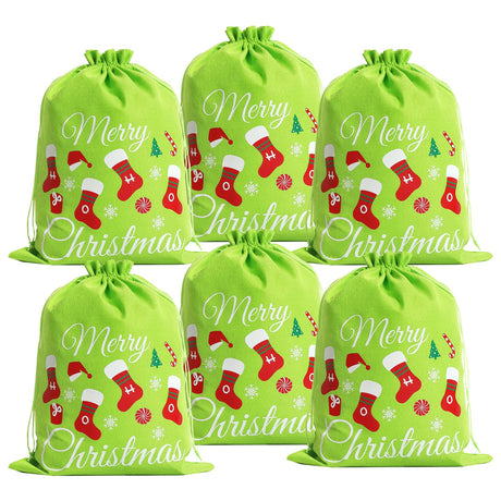 EVRWO Christmas Drawstring Gift Bags 6 Pcs Green Reusable Gift Bags for Holiday Weedings Party/Birthdays/Christmas/Home Storage Gift Bag 15.7x11.8 inch