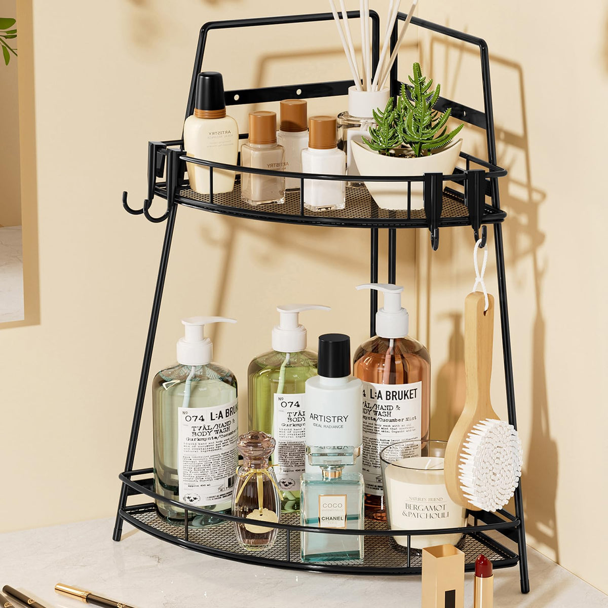 VITVITI 2 Tier Corner Bathroom Counter Organizer Metal Bathroom Countertop Organizer Shelf Storage Bathroom Sink Makeup Organizer for Vanity Perfume Skincare with Hooks Black