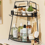 VITVITI 2 Tier Corner Bathroom Counter Organizer Metal Bathroom Countertop Organizer Shelf Storage Bathroom Sink Makeup Organizer for Vanity Perfume Skincare with Hooks Black
