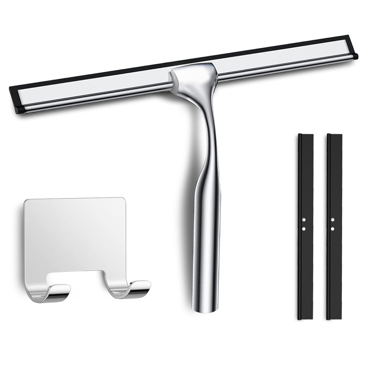 All-Purpose Shower Squeegee with Adhesive Hook for Cleaning Bathroom Glass Doors Car Window Mirrors and Tile Wall Stainless Steel Handheld Glass Water Wiper Cleaner Removal Scraper Tool (Sliver 10")