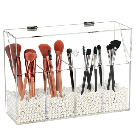 Vevitts Acrylic Makeup Organizer Clear Cosmetic Brush Storage Box With 4 Brush HoldersMakeup Brush Holder with Dust Cover Large-capacity Split Design Can Quickly Organize the Desktop（No pearls）