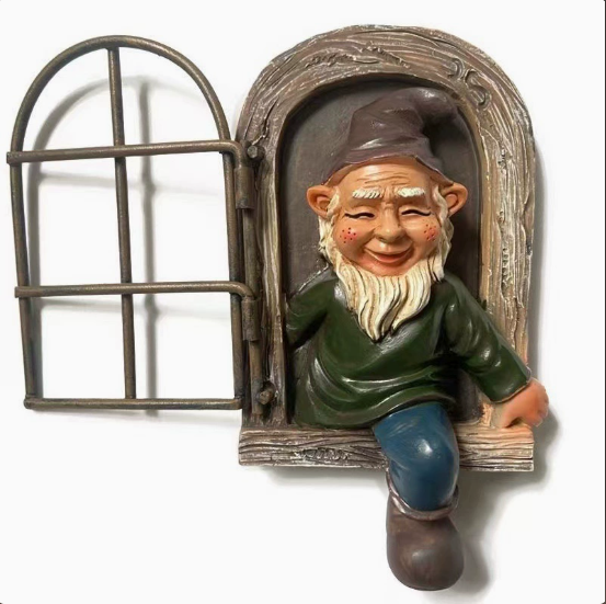 Elf Out The Door Window Tree Hugger Garden Gnome Statue