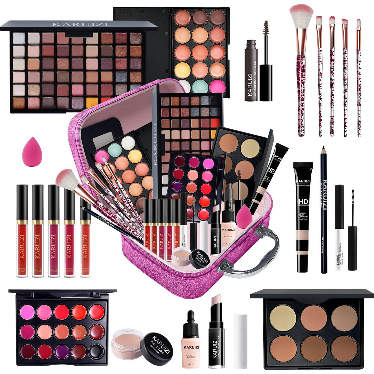 KARUIZI All in One Makeup KitMakeup Kit for Women Teens and Girls All-in-One Set with Eyeshadow Palettes Lipsticks Brushes Storage BagMakeup gift set girls makeup sets ages 8-12 (Red rose)