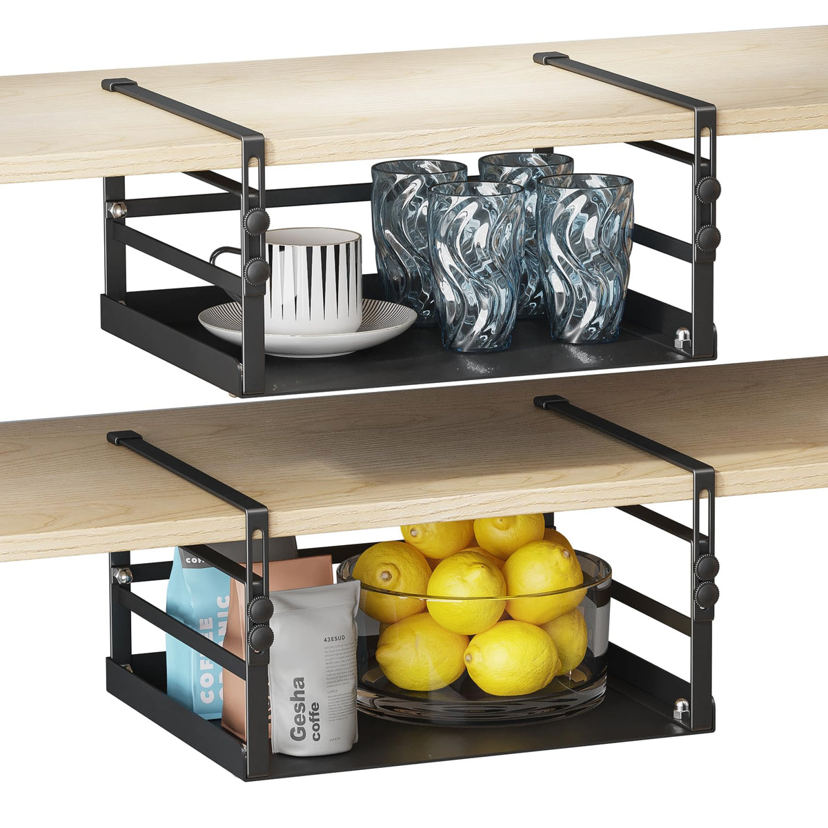 HENGI 2 Pack Adjustable Under Shelf Storage Heavy Duty Metal Basket Organizer for Kitchen Cupboard Cabinet Pantry Laundry Desk Bookshelf Black