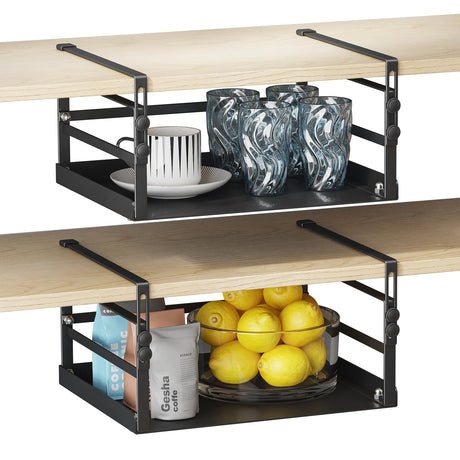 HENGI 2 Pack Adjustable Under Shelf Storage Heavy Duty Metal Basket Organizer for Kitchen Cupboard Cabinet Pantry Laundry Desk Bookshelf Black