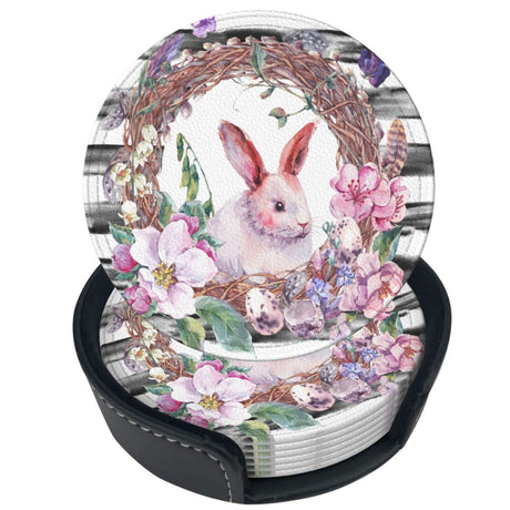 Niukom 6 Pcs Watercolor Spring Happy Easter Bunnyv Eggs Leather Coasters for Drinks with Holder Coaster Sets Drink Table Cup Coasters for Living Room Kitchen Coffee Decor