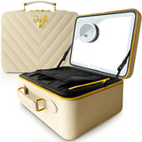 JENNI V Upscale PU Leather Makeup Bag with Light Up Mirror 3 Brightness Settings Adjustable Dividers - Replace Your Bulky Vanity While On the Go - Chic Travel Makeup Case Box - Makeup Organizer Bag