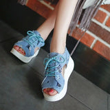 Breathable Women's Denim Mid-Heel Platform Sandals