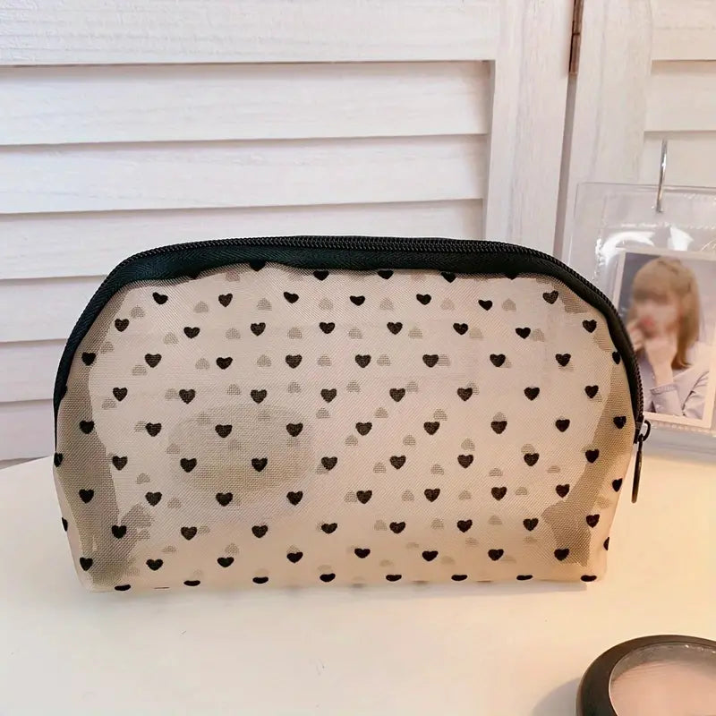 Cute Heart Print Mesh Makeup Bag - Stylish Cosmetic Organizer
