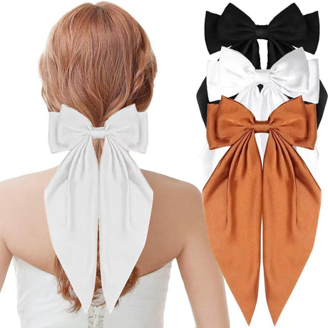 FUIART 3Pcs Silky Satin Hair Bow Clips for Women Hair Ribbons in Black White Brown Oversized Long Tail Hair Barrettes for Girls Teens Hair Accessories