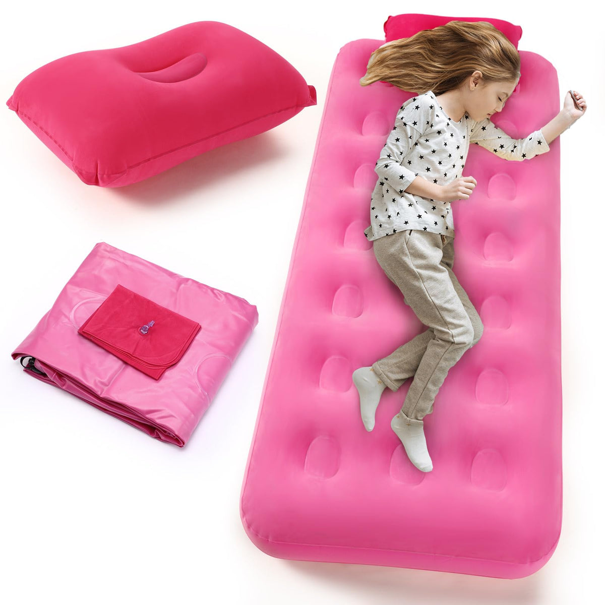 Vercraft Camping Air Mattress for Kids Inflatable Air Bed Flocked Surface with Inflatable Camping Travel Pillow Travel Bed Sleeping Pad for Sleepover Outdoor Camping Tent Guest Travelling (Pink)