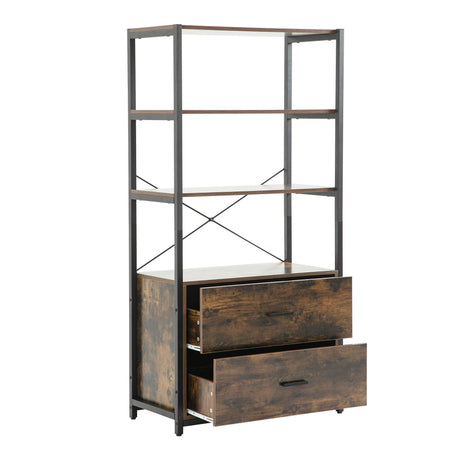 Industrial Bookcase With File Cabinet Drawers, 62.7 In Tall Bookshelf 4 Tier, Freestanding Storage Home Office Cabinet Organizer, Rustic Home Decor, Vintage Brown