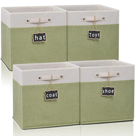12 x 12 storage cubesCollapsible Fabric Storage Cubes with Labels 4 PackLinen Cube Storage Organizer Bins with Cotton Handles for HomeNurseryClothesCabinet Shelves and Closet(White green).