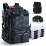 Goture Fishing Backpack with 4 3700 Tackle Boxes IPX EVA Bottom 55L Fishing Tackle Bag with Rod Holder Rain Cover for Camping Hiking 600D Fishing Bag Storage with 8 Lure Pockets Camo