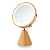 SLIMOON 8" Vanity Mirror with Lights and Bamboo Stand 1X/10X Double Sided Magnifying Mirror with Light 360° Rotation 3 Colors Brightness Adjustable Rechargeable Makeup Mirror with 50 LED Lights