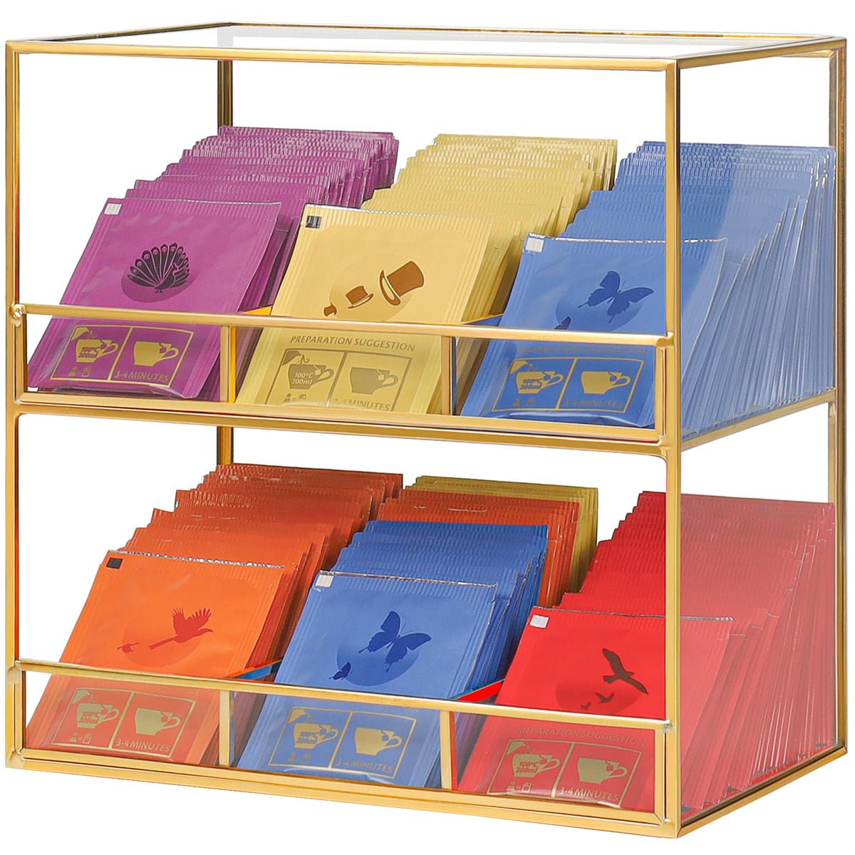 REDHUGO Glass Tea Bag Organizer for Counter 2-Tier TeaBag Organizer Storage Tea Holder for Tea Bags Tea Caddy Tea Box Containers for Tea Bags Tea Rack Teabag Station Stand for Cabinet KitchenGold