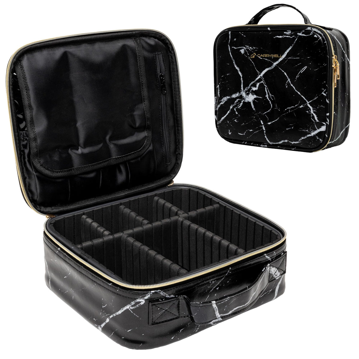 Carrywell |Not Made In China| Makeup Train Case Cosmetic Travel Organizer For Professional Beauty Artist Portable Storage Bag W/Adjustable Dividers For Jewelry and Brushes (2 Marble Small)