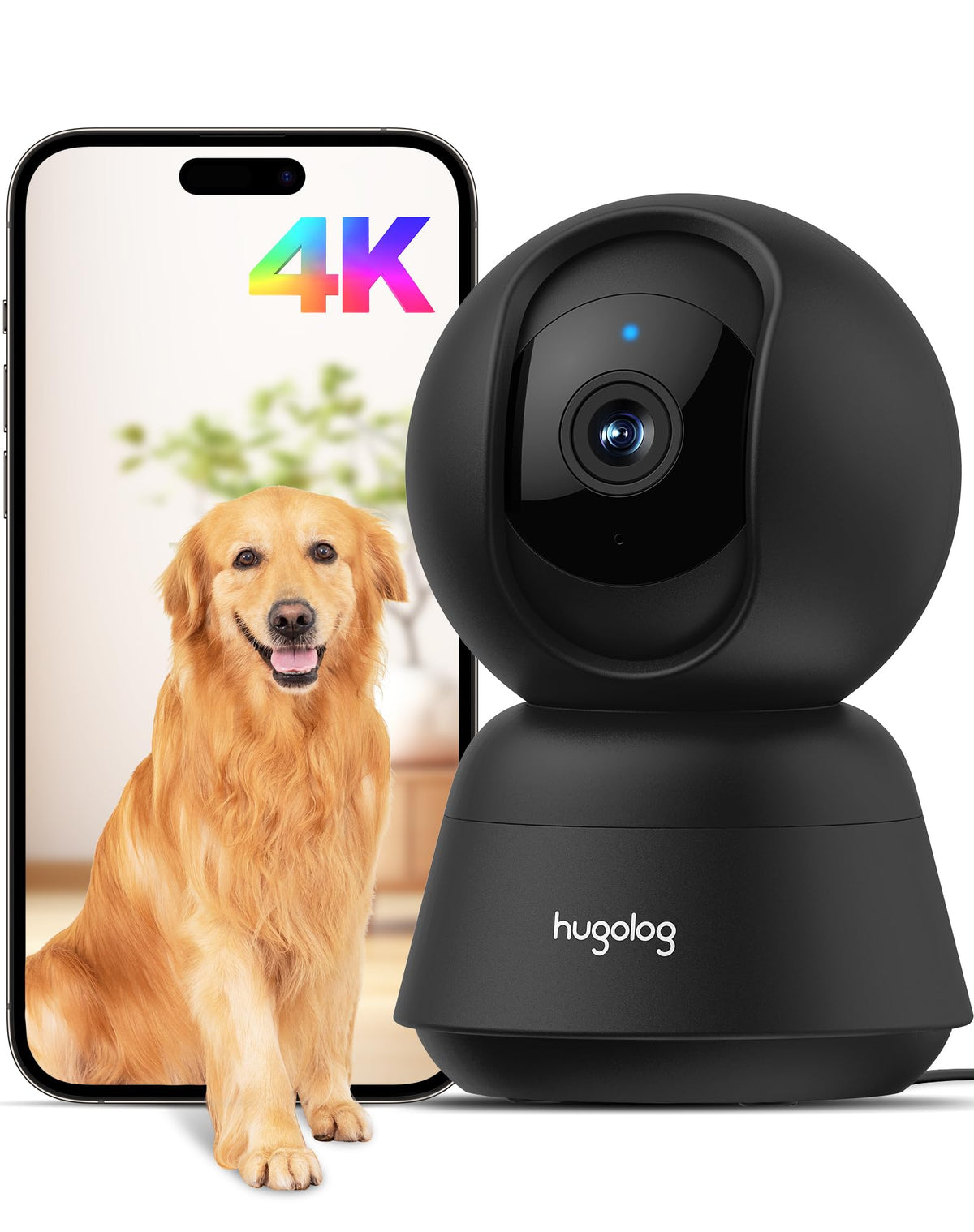 Hugolog 4K 8MP Indoor Pan/Tilt Security Camera with Auto-FocusIdeal for Baby Monitor/Pet Camera/Home SecurityStarlight Color Night VisionHuman/Pet AITwo-Way AudioUS CloudCompatible with Alexa