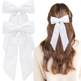 VOBOBE 2PCS Hair Bows for Women Girls White Coquette Ruffle Hair Ribbon with Long Tail Hair Bow Clips Hair Accessories (White)