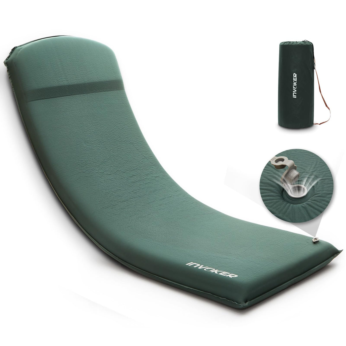 INVOKER Camping Sleeping Pad – 3.1 inch UltraThick Elasticity Foam Self-Inflating Insulated Durable Camping Mat Air Mattress with Pillow for Tent Car Camping Traveling Green