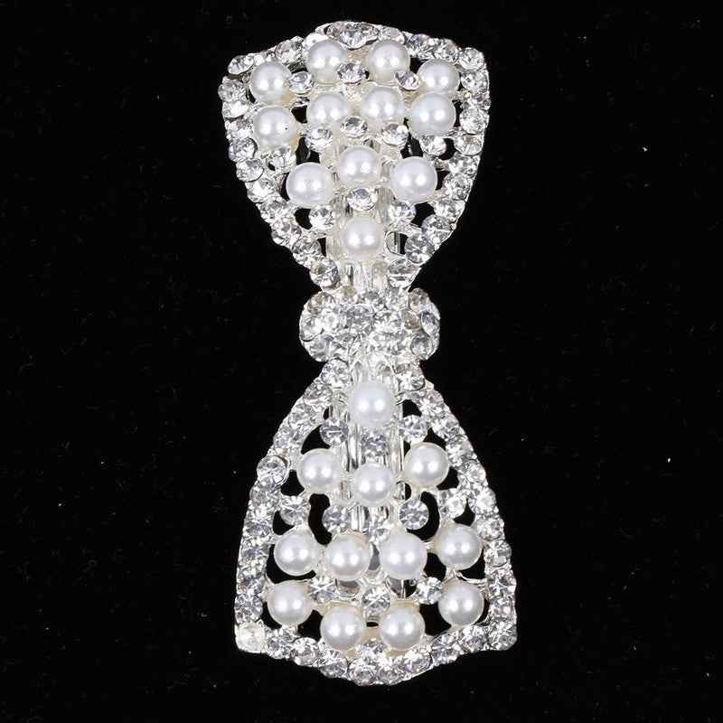 Elegant Pearl Bow Hair Clip with Diamond Accents