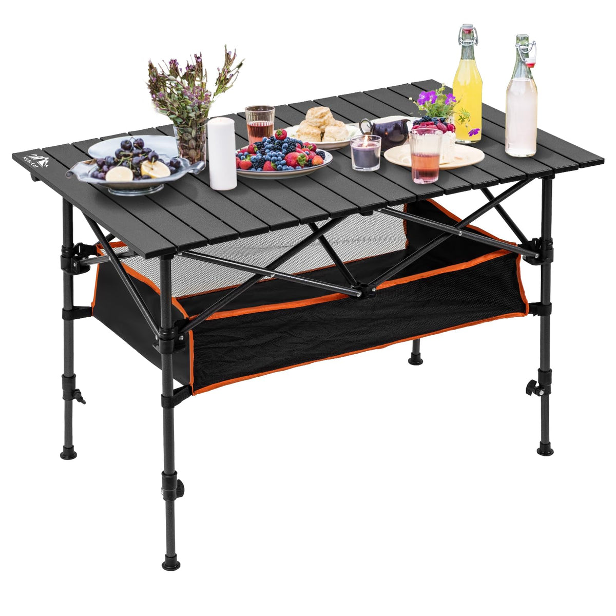 Night Cat Camping Table with Net Basket Foldable Picnic Table for Outdoor Portable Lightweight Rustless Waterproof Adjustable Height 1.7-3ft BBQ Garden Backyard 35x 19