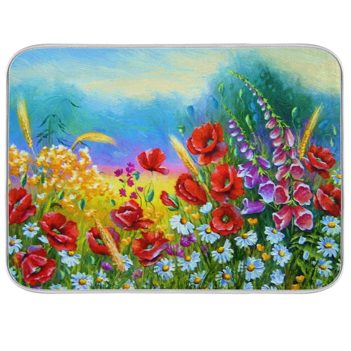 Spring Red Poppy Dish Drying Mat Summer Garden Oil Paintings Dry Pad Bottle Dryer Rack Kitchen Decor absorbent Easy Clean Drainer Mats for Kitchen Counter Sinks 18"x24"
