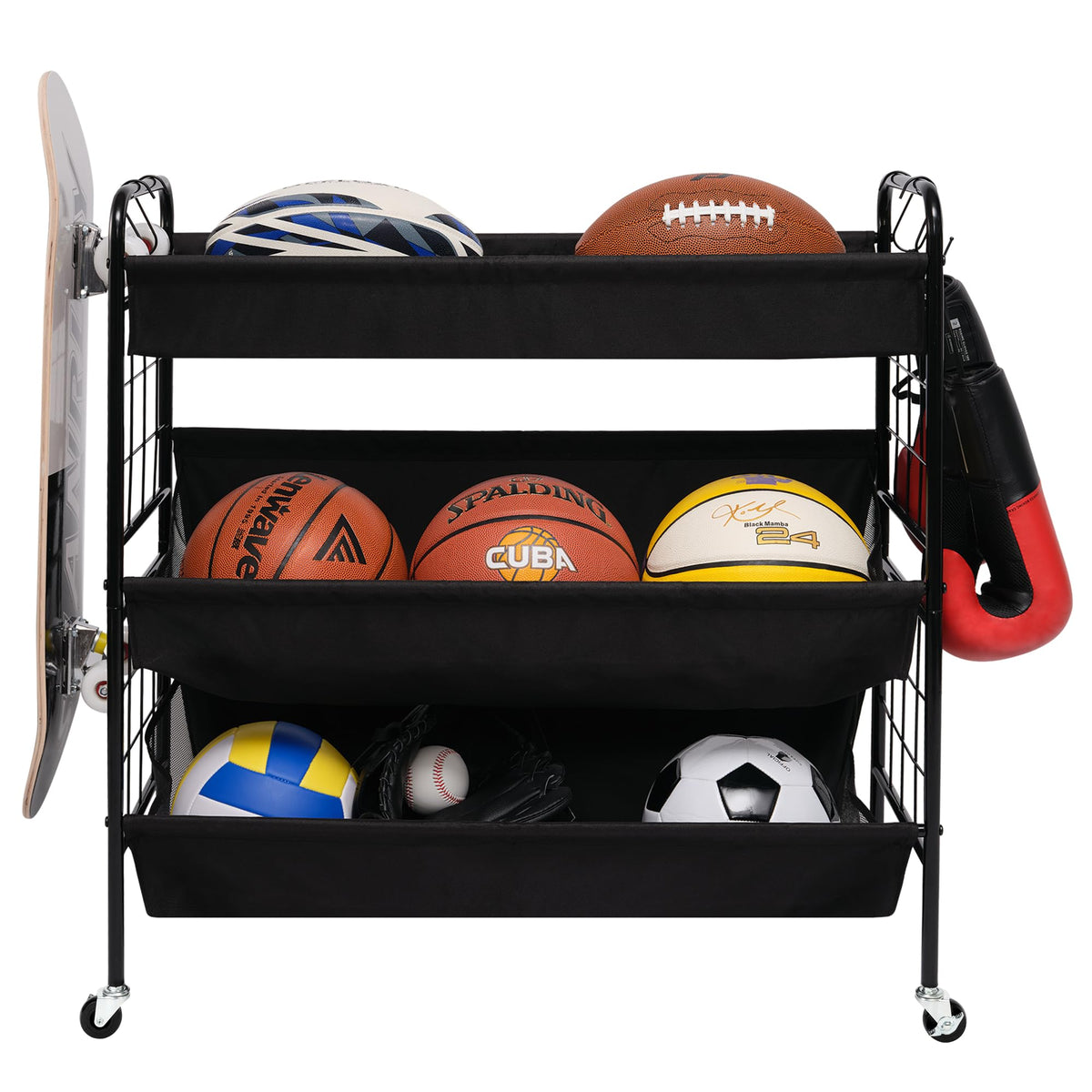 StorageWorks Sports Equipment Organizer with Hooks Ball Rack Organizer with Wheels 3-Shelf Ball Rack for Basketball Football Volleyball Large