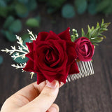 Fangsen Wedding Rose Flower Hair Comb Bridal Headpiece Floral Hair Accessories for Brides and Bridesmaids (Deep Red 02)