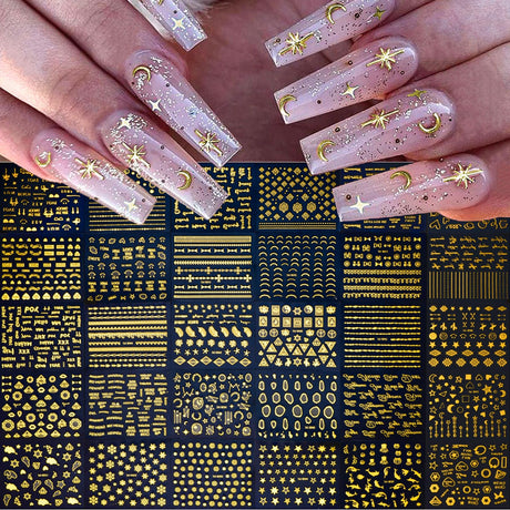 30 Sheet Gold Nail Stickers 3D Self-Adhesive Star Nail Decals Gold Nail Charms Line Nail Art Stickers Letter Lace Flowers Nail Art Design Nail Supplies for Women Nail Decoration