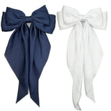 Satin Hair Barrettes Clip for Women Large Bow Hair Slides Metal Clips French Barrette Bowknot with Long Tail Silk Hair Bow Hairpin 90s Hair Accessories (White+Navy Blue)