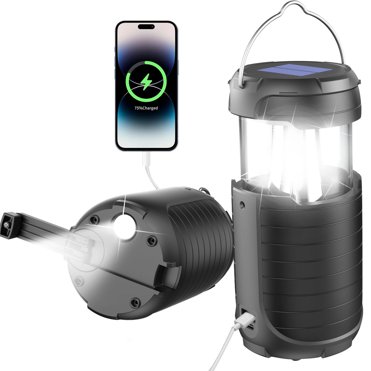 Solar Camping LanternRechargeable LED Lights 5000mAh Waterproof Solar Powered/ Hand Crank Powered Rechargeable Lantern Emergency Lights for Power Outages Hiking Campsites Emergencies