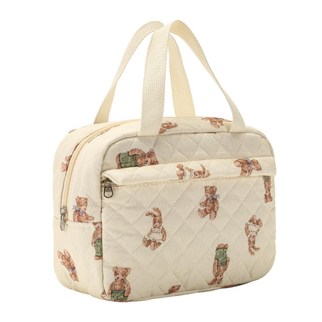 Large Size Quilted Coquette Makeup Bag Cute Preppy Floral Cotton Travel Cosmetic Organizer Bag with Top Handle Multi-Layer Travel Toiletry Pouch for Girls (04Bear)