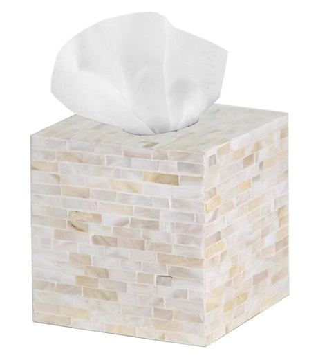 PEMAR 5.9” Cube Mother of Pearl Tissue Box Cover Decorative Napkin Dispenser Organizer Rustic Farmhouse Vintage Decor for Table Kitchen Bathroom Vanity Countertop Office (Milano)