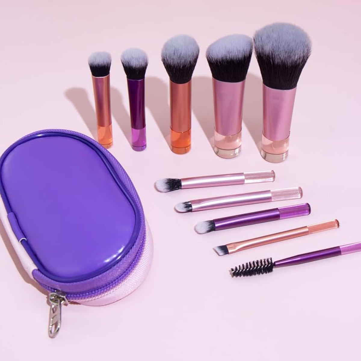 Portable ON THE GO Makeup Brush Set COSHINE 10pcs Easy-taken Mini Full Complete Function Cosmetic Brushes Kit with Brush Pouch (colorful)
