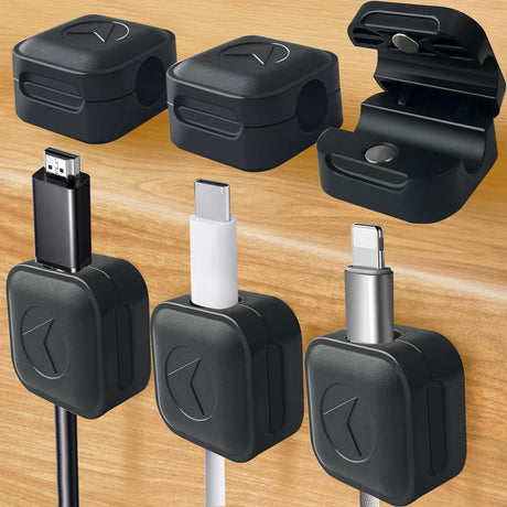 Magnetic Cord Organizer 6Pcs Magnetic Cable Clips Adhesive Cord Holder Under Desk Charger Cord Holder Management for Home Kitchen Appliances Office Desktop Car Nightstand - Black