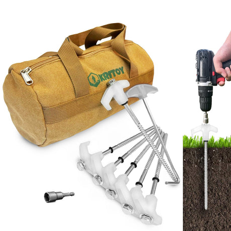 16 Pack Tent Stakes Heavy Duty - 8" Ground Anchors Screw in - Camping Stakes with Grow in The Dark Heads - Metal Threaded Tent Spikes with 1 Hex Head Driver 1Stopper T Pull Hook and Storage Bag